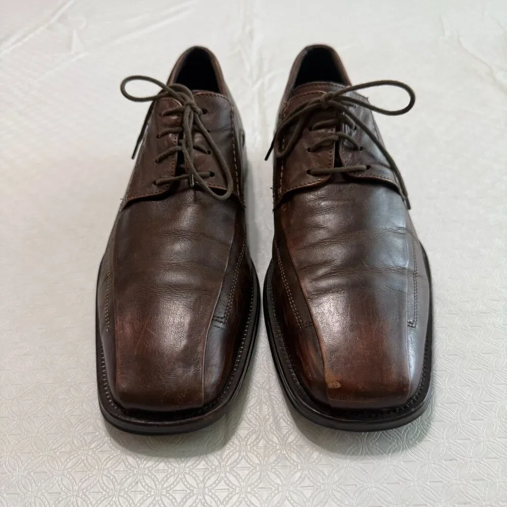 Johnston & Murphy Men's 10 M Romania Brown Leather Square Toe Derby Dress Shoes